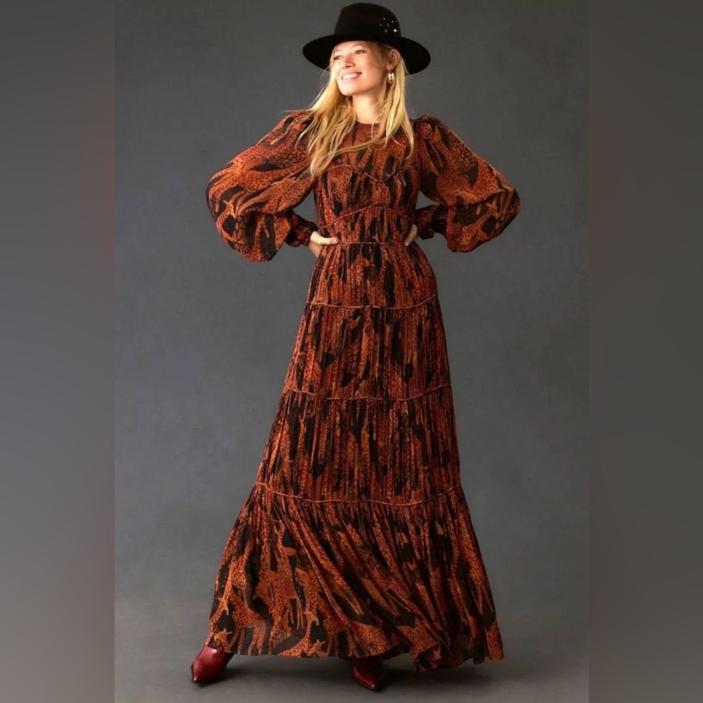 FARM Rio Giraffe Patterned Puff-Sleeve Maxi Dress